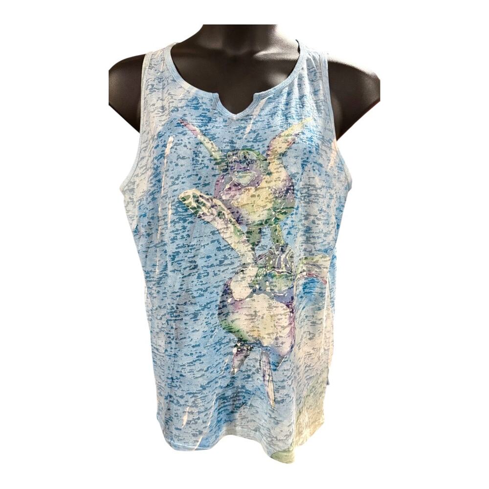 Blue 84 Ocean Tank Top V-Neck Sea Turtle Size XXL Watercolor Art To Wear SZ XXL